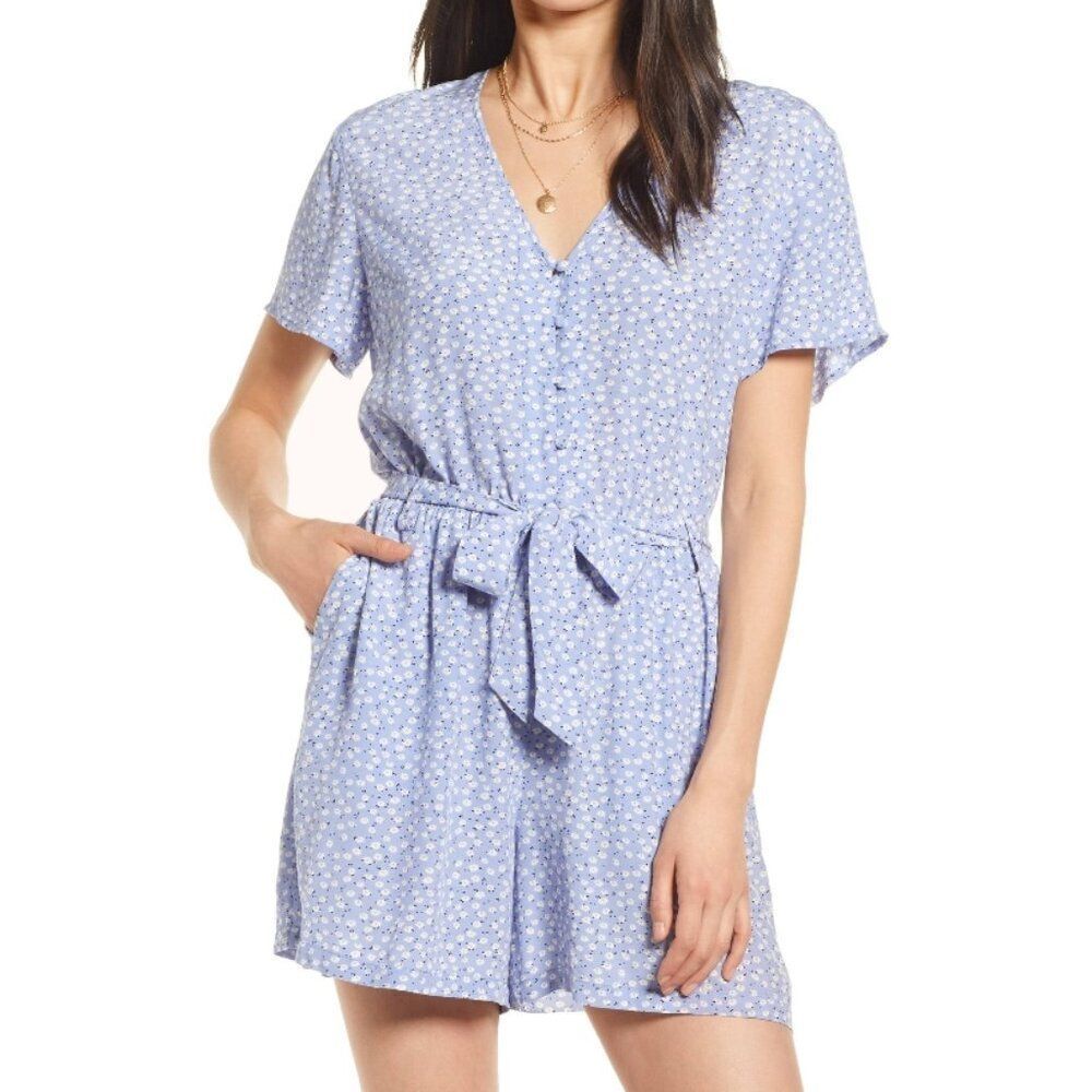 Rails Sophia Sky Blue Daisies Romper Size S Short Sleeve Summer Belted Floral